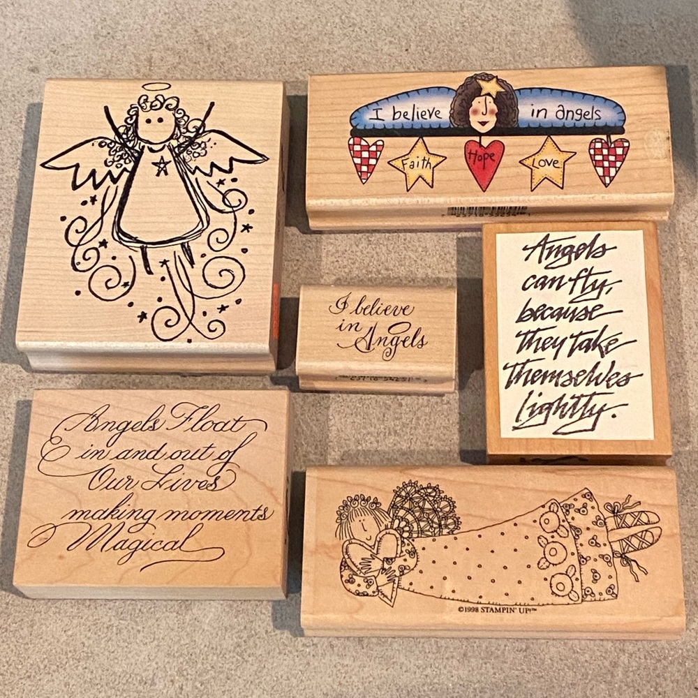 Set of 6 Wood Block Rubber Stamps Angels Quotes